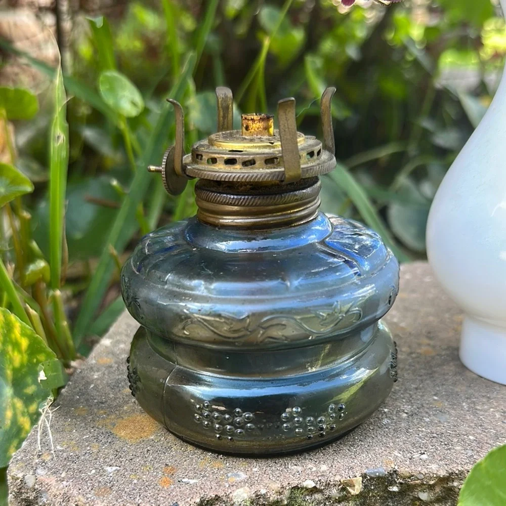 Vintage Three Star brand Glass Oil Lamp with White and Blue Accents